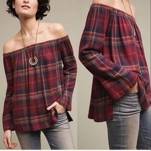 Plaid Anthropologie blouse off shoulder